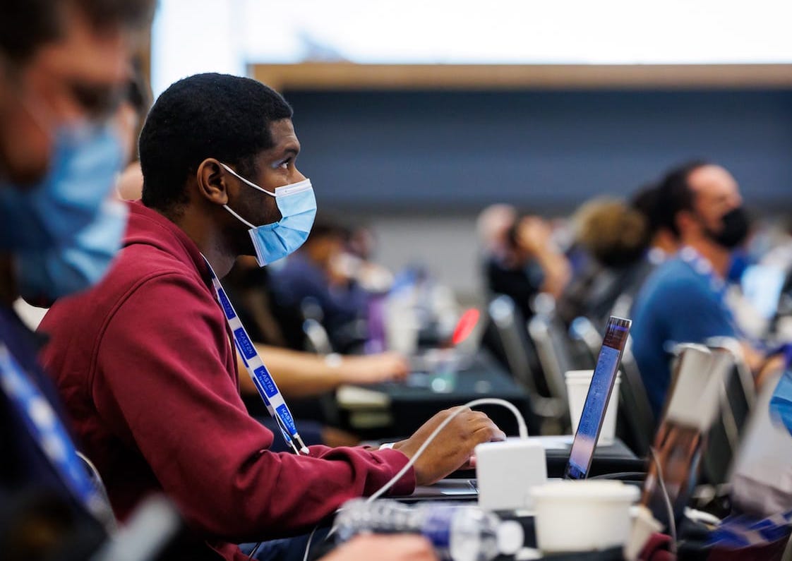 man at a conference